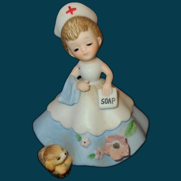 VERY RARE Josef Original RED CROSS Nurse Figurine Holding Soap Towel - Picture 1 of 5
